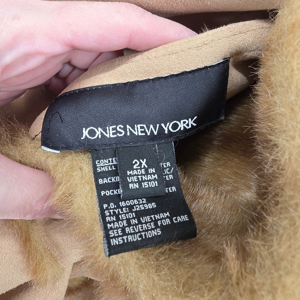 Jones New York Reversible Faux Fur‎ Suede Hooded Coat Tan Brown Plus 2X - Picture 3 of 16
